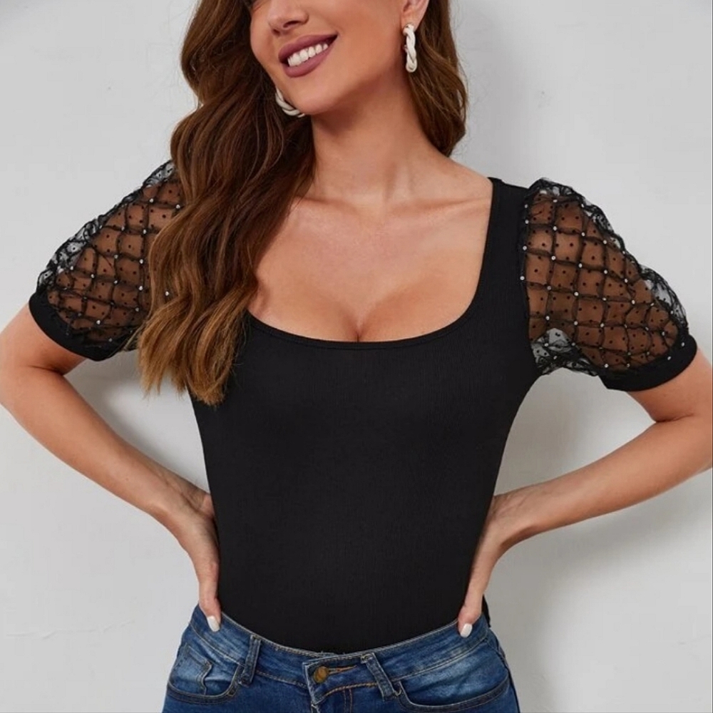 Contrast Mesh Puffy Sleeve Tee 12-14